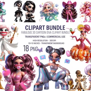 Fabelhaftes 3D Cartoon Diva Clipart Bundle - Y2K, Retro, Meerjungfrau, Sternzeichen, Urlaub, Hyper-Feminine Mode Charaktere, digitaler Download