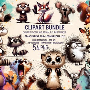 Paquete de 54 imágenes prediseñadas de animales del bosque peculiares: adorables criaturas del bosque, imágenes PNG de animales de dibujos animados imprimibles, imágenes prediseñadas divertidas de animales del bosque