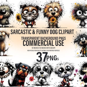 37 Clipart chien sarcastique et drôle | Visages d'animaux excentriques | 300 ppp, impression transparente, téléchargement numérique, usage commercial