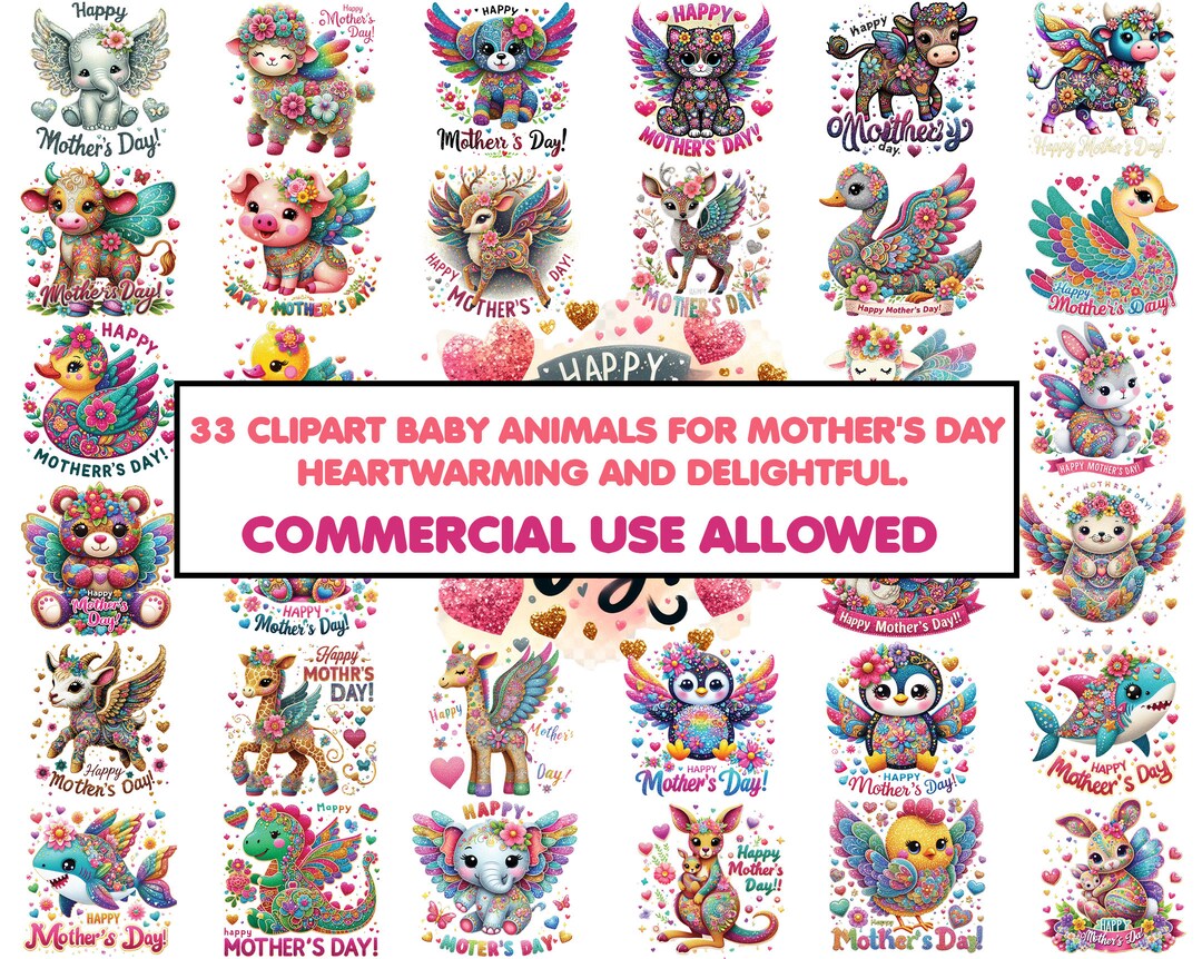 33 Heartwarming Animal Clipart Set 2: Mothers Day Glitter Texture ...