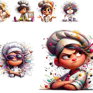 May include: A collection of colorful cartoon chef illustrations. Each chef is depicted with exaggerated features, wearing a white chef's hat and uniform. Some images show the chefs with various expressions, while others have text that says "Kitchen Closed".