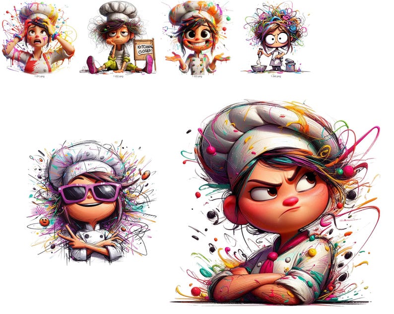 May include: A collection of colorful cartoon chef illustrations. Each chef is depicted with exaggerated features, wearing a white chef's hat and uniform. Some images show the chefs with various expressions, while others have text that says "Kitchen Closed".