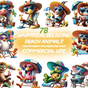 78 Paquete de imágenes prediseñadas de animales de playa caprichosos - Imágenes prediseñadas de verano, Animales de playa de dibujos animados, Transparente imprimible, Descarga digital, Uso comercial