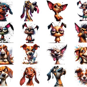 May include: A collection of 16 colorful cartoon dog illustrations with various expressions and poses. The dogs are depicted in a whimsical style with bright colors and exaggerated features.