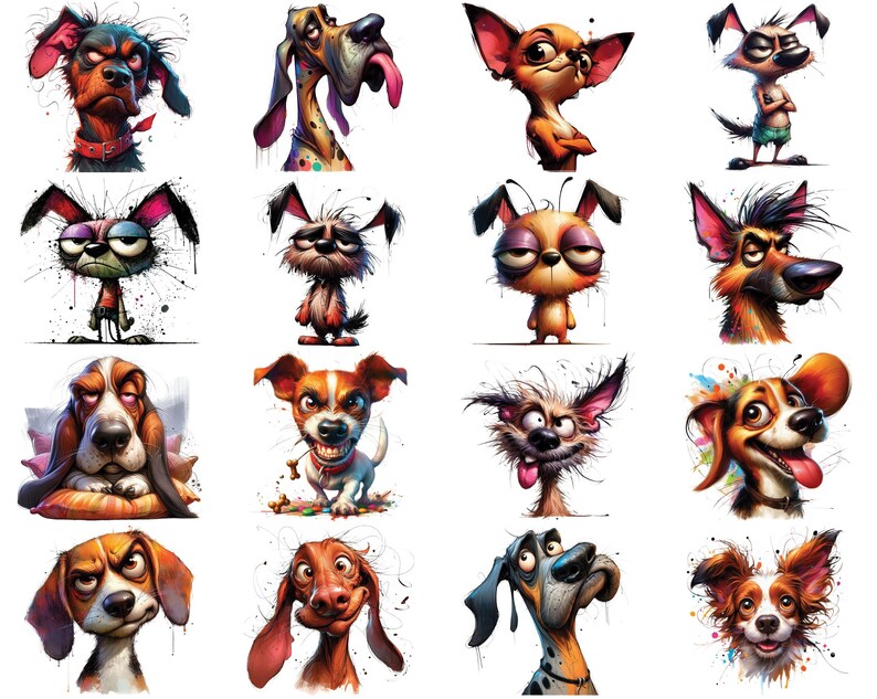 May include: A collection of 16 colorful cartoon dog illustrations with various expressions and poses. The dogs are depicted in a whimsical style with bright colors and exaggerated features.