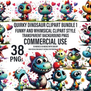 Paquete de 38 imágenes prediseñadas de dinosaurios extravagantes 1 / Diseños de dinosaurios extravagantes y divertidos / PNG transparente / Descarga digital instantánea / Uso comercial