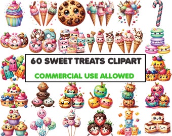 Watercolor Sweet Treats Clipart Bundle: 60 PNGs (Commercial Use)
