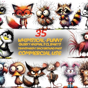 35 clipart de animais engraçados caprichosos, clipart de animais peculiares, animais loucos, 300 Dpi, transparente para impressão, download digital, uso comercial