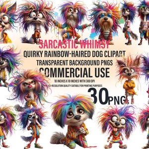 30 imágenes prediseñadas de perros con pelo de arcoíris extravagantes / Ilustraciones divertidas y graciosas de animales / Perros tontos y extravagantes / PNG de descarga digital para uso comercial