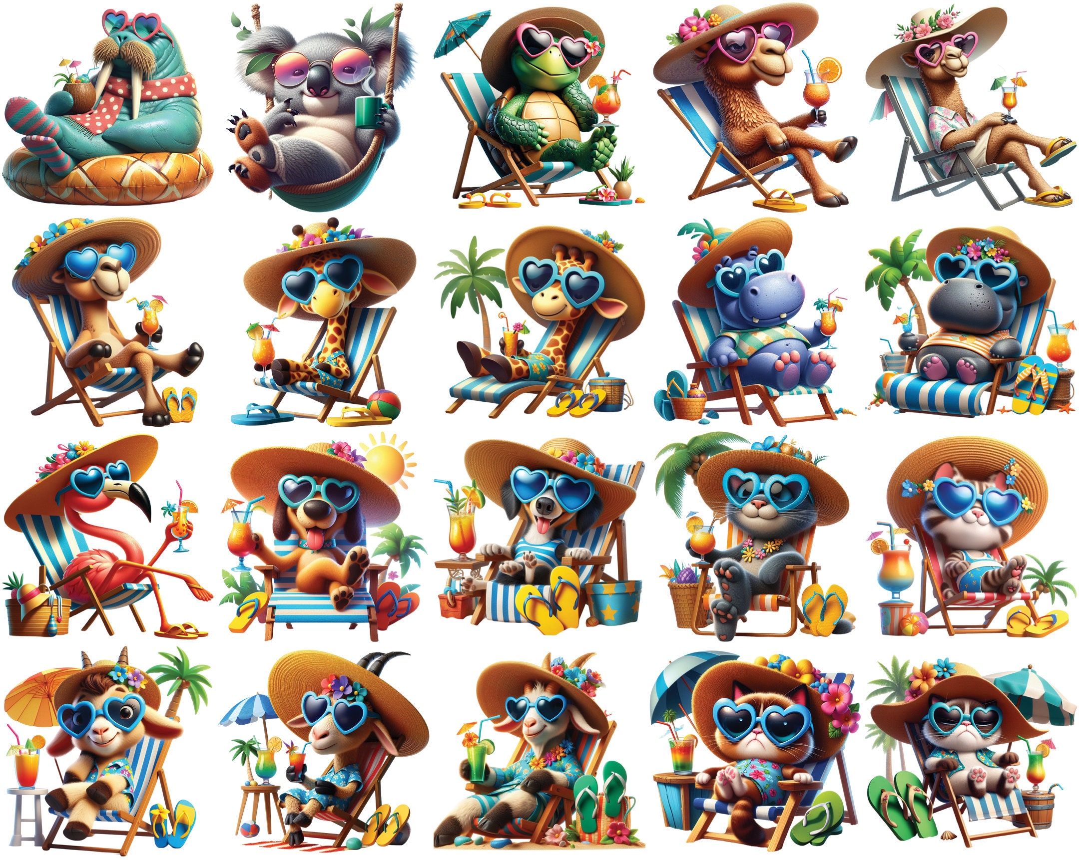 Whimsical Beach Animals Clipart Bundle: Summer Cartoon (digital ...