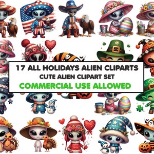 17 Clipart di alieni carini per le festività: la clipart strutturata presenta un allegro e carino alieno Pacchetto, Arte stampabile, Download digitale, Uso commerciale