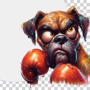 May include: A cartoon boxer dog with brown fur and a serious expression wears red boxing gloves. The dog's fur is splattered with colorful paint.