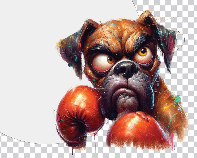 May include: A cartoon boxer dog with brown fur and a serious expression wears red boxing gloves. The dog's fur is splattered with colorful paint.