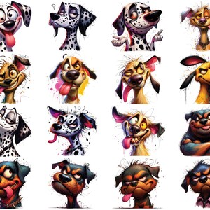 May include: A collection of 10 cartoon dog illustrations. The dogs are all different breeds and have different expressions. Some of the dogs are wearing hats or other accessories. The illustrations are in a colorful style and are perfect for a fun and whimsical design.