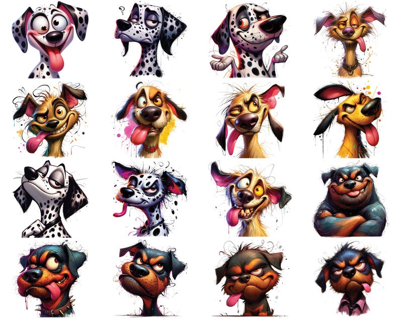 May include: A collection of 10 cartoon dog illustrations. The dogs are all different breeds and have different expressions. Some of the dogs are wearing hats or other accessories. The illustrations are in a colorful style and are perfect for a fun and whimsical design.
