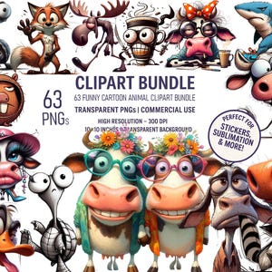 Paquete de 63 imágenes prediseñadas de animales de dibujos animados divertidos: divertidos animales de granja y bosque PNG, descarga digital para sublimación, imágenes prediseñadas para uso comercial