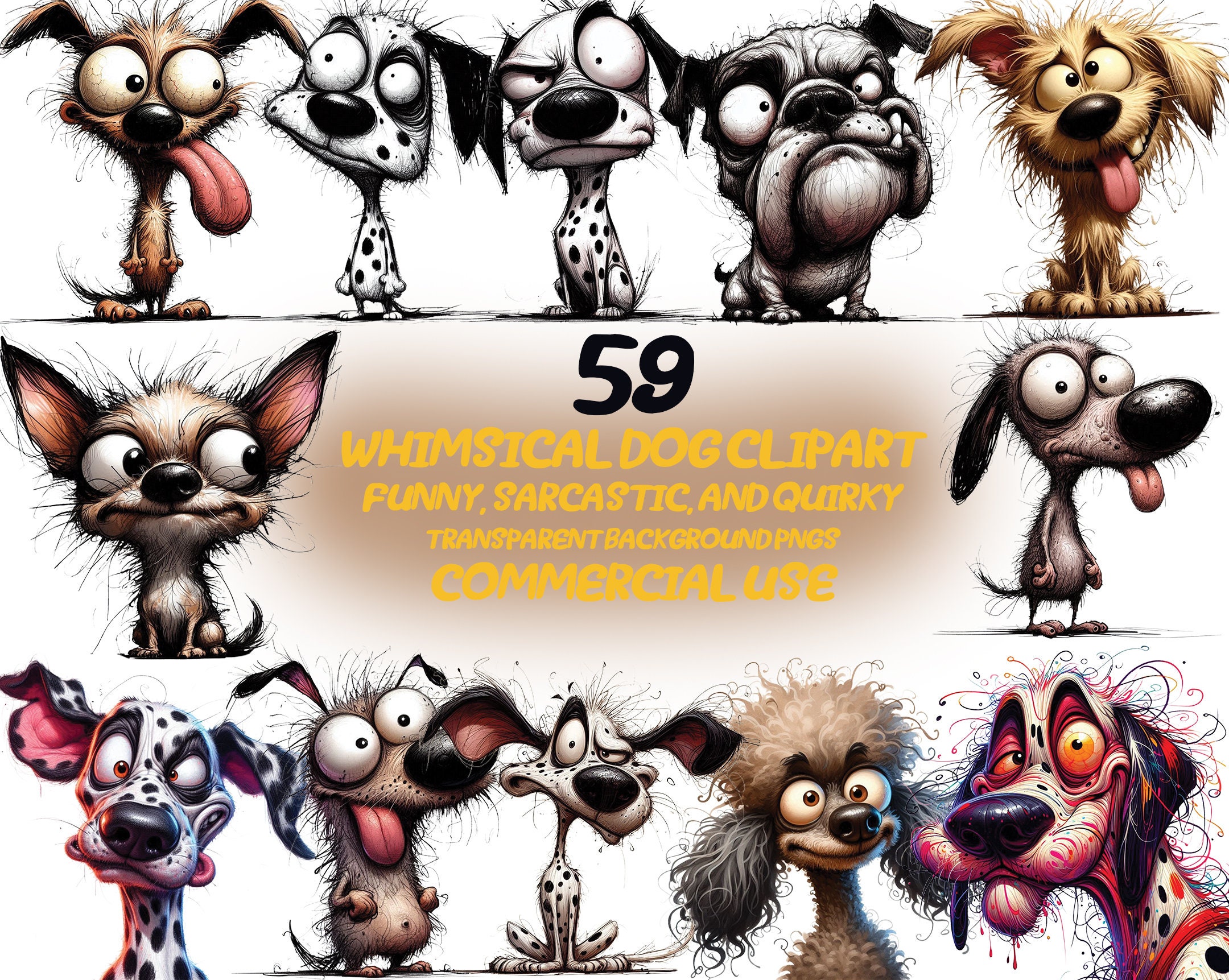 59 Whimsical Dog Clipart: Funny Watercolor Style (Digital Download)