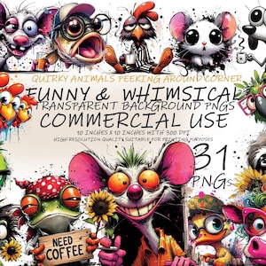 31 Quirky Animals Peeking Around Corner Cliparts | Humorous Whimsical Animal | Silly Animal PNGs | Digital Download | Commercial Use