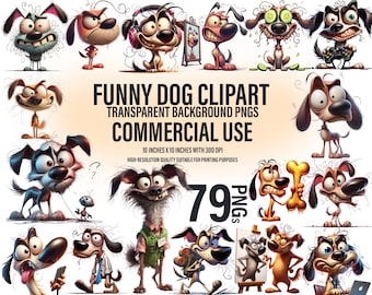 79 Whimsical Funny Dog Clipart: Transparent PNG, Commercial Use (Digital Download)