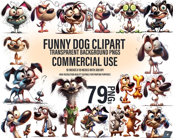 79 Whimsical Funny Dog Clipart: Transparent PNG, Commercial Use (Digital Download)