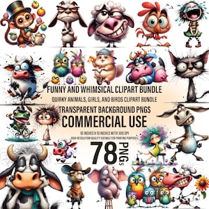 78 Animais peculiares, meninas, pássaros Clipart Bundle | Animais caprichosos, expressões engraçadas | Download digital instantâneo, uso comercial