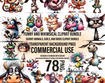 78 Quirky Animals Clipart: Funny Expressions (Digital Download)