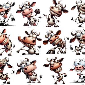 May include: A collection of 12 cartoon cows with various expressions and poses. The cows are all white with black spots and have large, expressive eyes. They are all drawn in a whimsical style and have a playful, cartoonish look.