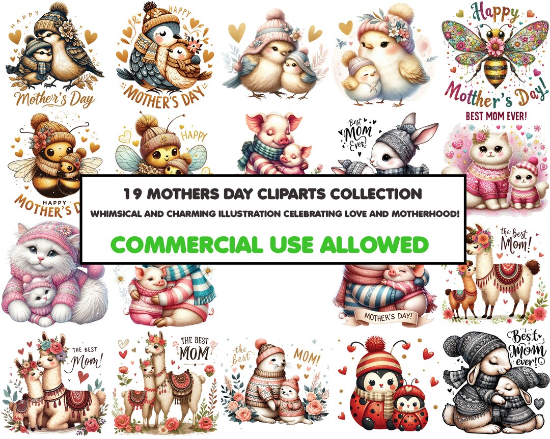 19 Heartwarming Animal Clipart Set: Mother’s Day Clipart Watercolor ...