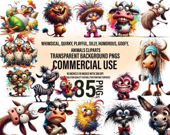 84 Whimsical Animals Clipart Bundle | Quirky, Playful, Silly, Humorous, Expressive | Transparent PNG | Digital Download | Commercial Use