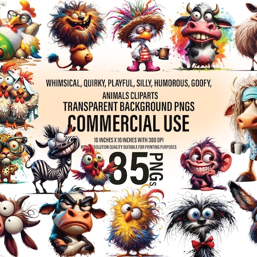 84 imágenes prediseñadas de animales caprichosos: paquete PNG divertido (descarga digital)