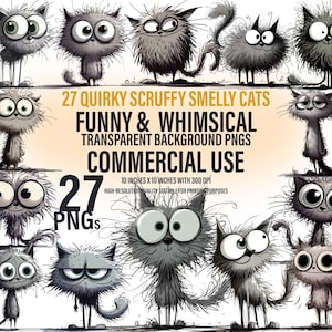 27 Quirky Scruffy Cat Clipart, Smelly Cat PNG, Whimsical Hand Drawn Frazzled Cat, Cute Fuzzy Cat Art, Digital Download | Commercial Use