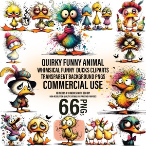 66 imágenes prediseñadas caprichosas y peculiares de pato - acuarela divertidos PNG de animales - Descarga digital instantánea transparente para uso comercial