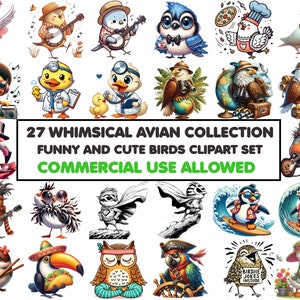 27 Wunderliche Vogelsammlung: Lustige und niedliche Vögel Clipart PNG-Bundle, Printable Transparent, digitaler Download, kommerzielle Nutzung