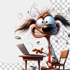 K&ouml;nnte beinhalten: Ein Cartoon-Hund mit braunem Fell und einem wei&szlig;en Hemd und einer roten Krawatte sitzt an einem Schreibtisch mit einem Laptop und einer Tasse Kaffee. Der Hund hat einen &uuml;berraschten Gesichtsausdruck und sein Fell steht zu Berge.