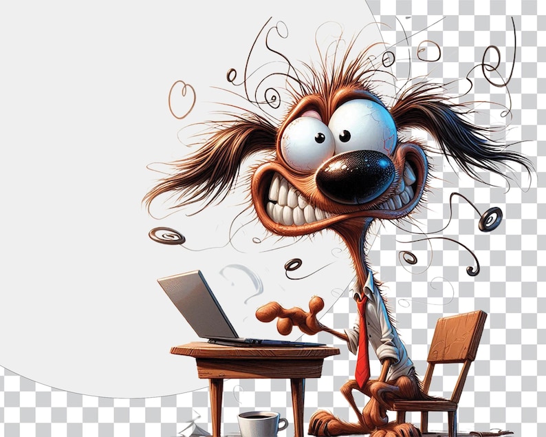 K&ouml;nnte beinhalten: Ein Cartoon-Hund mit braunem Fell und einem wei&szlig;en Hemd und einer roten Krawatte sitzt an einem Schreibtisch mit einem Laptop und einer Tasse Kaffee. Der Hund hat einen &uuml;berraschten Gesichtsausdruck und sein Fell steht zu Berge.