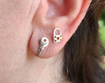 Heart Lock and Key Earrings + FREE Random Pair of Earrings - Mismatched Earrings - Sterling Silver Earrings - Heart Jewelry - Silver Studs