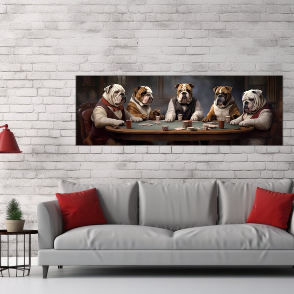 Bulldog Bluff: A High-Stakes Poker Paw-ty, poker party, 5 English bulldogs, high quality canvas 60" by 20" or 20" by 10" (No Frame Included)