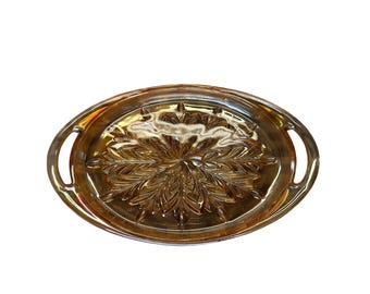 Vintage Amber Carnival Glass Oval Serving Tray Marigold Iridescent Starburst
