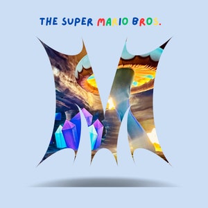 May include: A blue and white graphic design of the letter "M" with a mushroom and crystals inside. The text "THE SUPER MARIO BROS." is above the letter.
