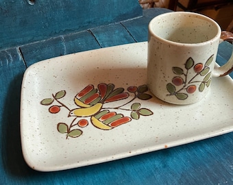 vintage stoneware bird snack tray and mug