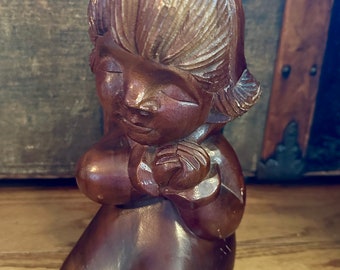 vintage hand carved wooden praying girl