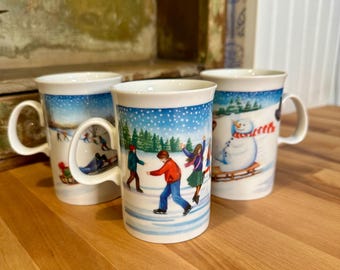 set of 3 Christmas holiday Dunoon Mister Snowman fine bone china mugs designed by Ruth Boden
