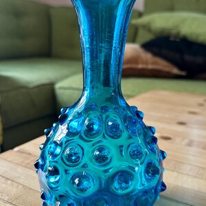 vintage MCM hobnail aqua blue hand blown glass vase