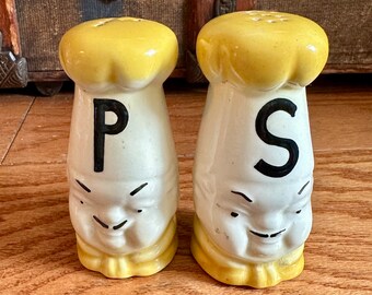 vintage yellow and white chef salt and pepper shakers