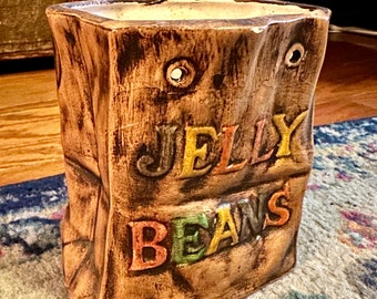 vintage pottery jelly bean dish, paper bag