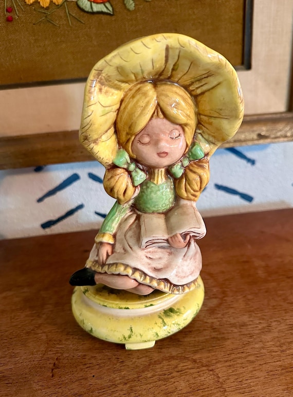 Hand Painted Adorable Music Box Statue of Girl in Yellow, 1970's