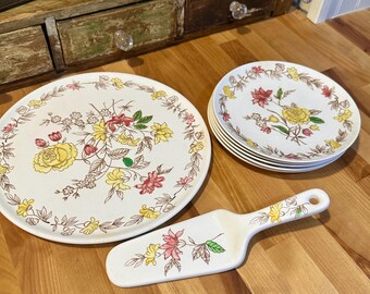 set of vintage Del Coronado Nasco floral salad/dessert/bread plates and a cake server from Japan.