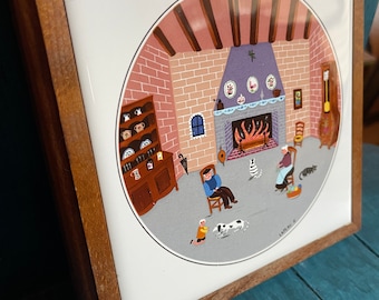 Vintage tile wall art or trivet with room scene