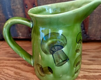 vintage mushroom pitcher, avocado green, Los Angeles,ca potteries