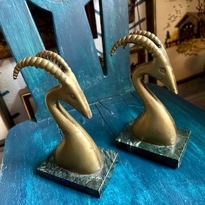 Vintage brass rams head sculpture on marble base, gazelle,MCM